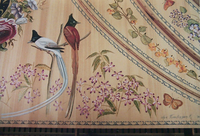 The white and red phase of a crested paradise flycatcher adds a touch of the exotic to this finely crafted harpsichord, Dulcken-Flemish single manual - Olga Kornavitch-Tomlinson