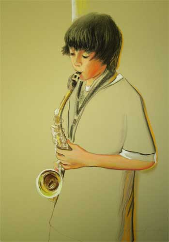 Boy on Sax - Pastel by Olga Kornavitch-Tomlinson