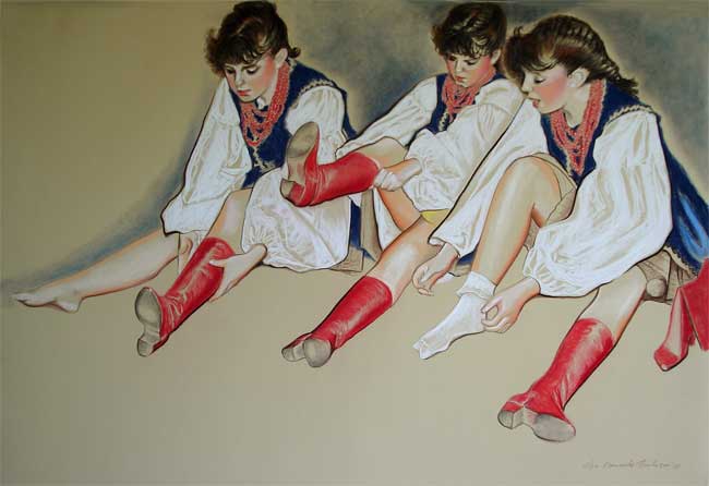 Red Boots - Pastel by Olga Kornavitch-Tomlinson