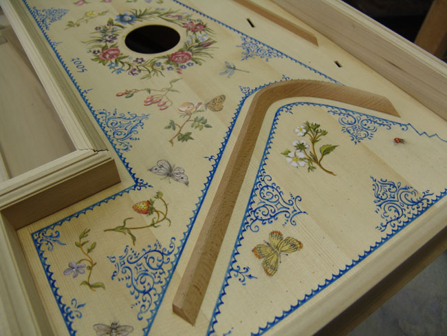 Soundboard detail prior to the upper guide being cut - Tomlinson Harpsichords