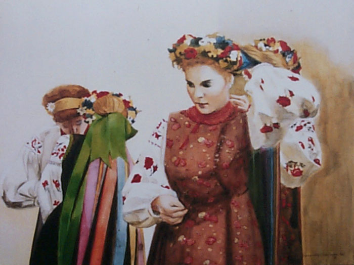 Pinning her Ribbons - an Oil Painting by Olga Kornavitch-Tomlinson