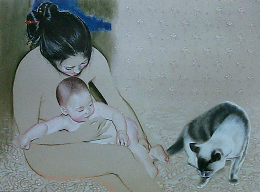 Mother and Child with Cat - Pastel by Olga Kornavitch-Tomlinson