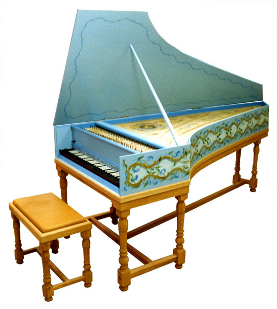Flemish single manual after Dulcken is shown finished with its custom made bench. This beautiful instrument is classic Tomlinson - Olga Kornavitch-Tomlinson