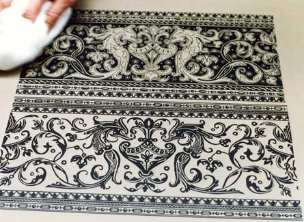 Detail during printing showing the two styles of 'Seahorse' papers - Tomlinson Harpsichords