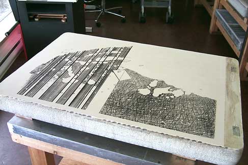 Inked image on stone prior to brown press run - Cariboo Stone Press